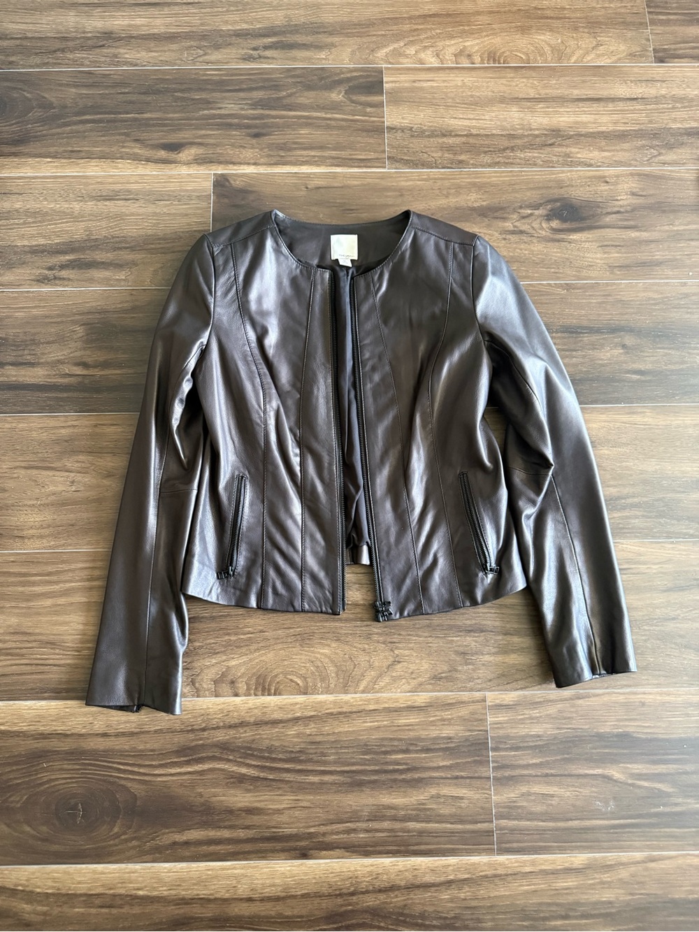 Halogen Chocolate Brown Collarless Faux Leather Jacket